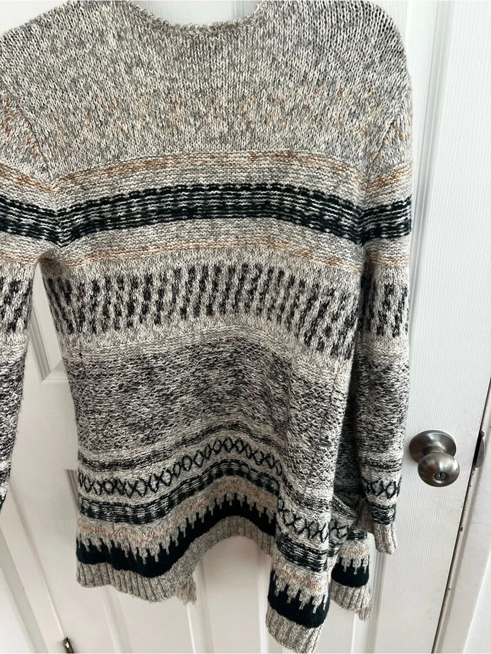 CAbi Gray and Beige Fringed Open-Front Knit Cardigan